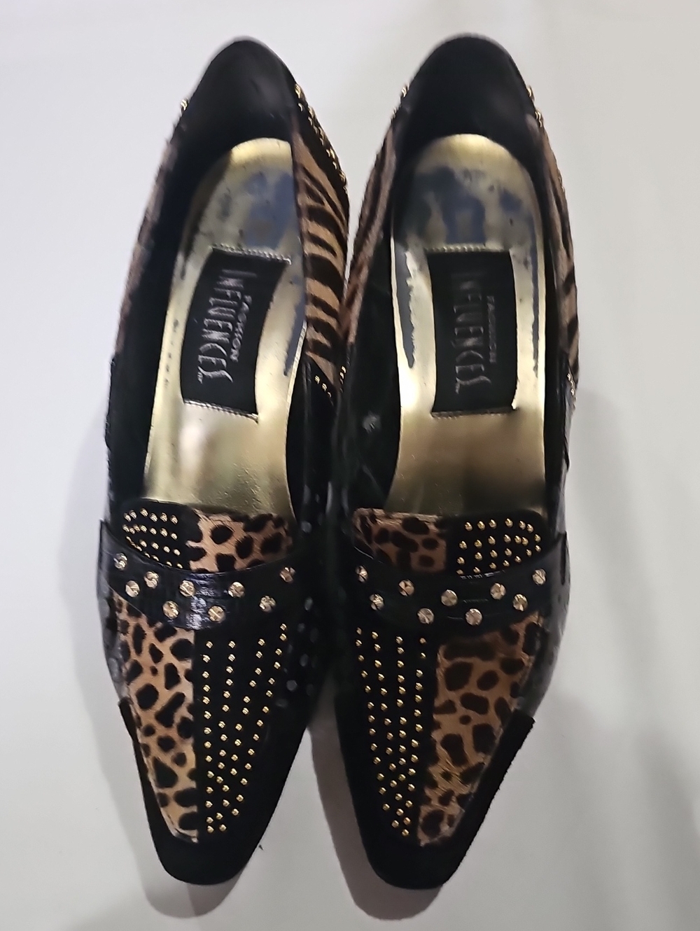 Animal Print Studded Women's Loafers - Black & Brown